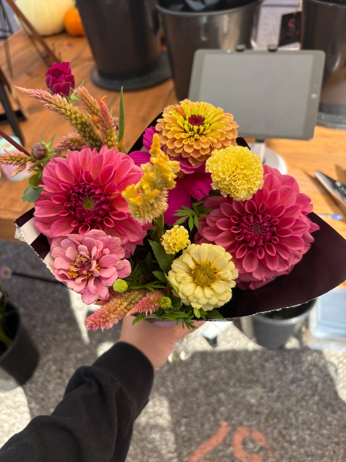 Colorful yellow, pink and green Rooted Raymond bouquet wrapped in black paper